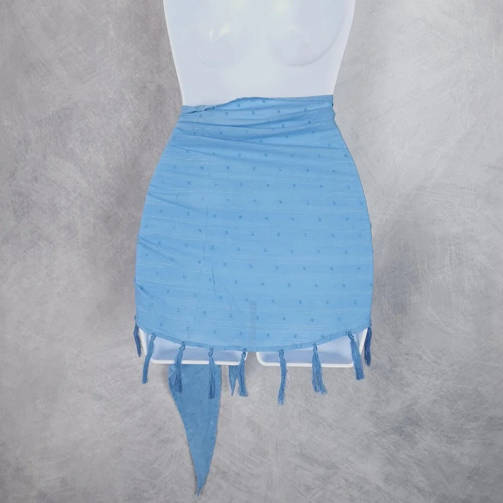 Vitamin A Scarf Wrap Womens One Size Blue Polka Dot Tassel Beach Sarong Cover-Up